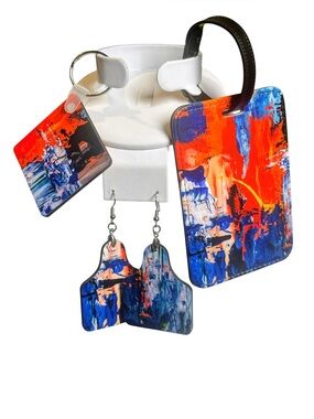 Hand-Crafted Abstract Luggage Tag Key Ring & Earring Set New Without Tags